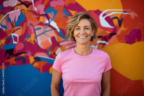 Portrait photography of a Swedish woman in her 40s wearing a fun graphic tee against an abstract background