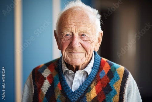 Medium shot portrait photography of a Swedish man in his 90s against an abstract background photo