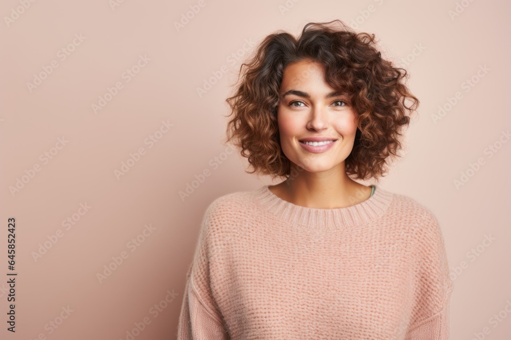 Fototapeta premium Portrait photography of a French woman in her 30s wearing a cozy sweater against a pastel or soft colors background