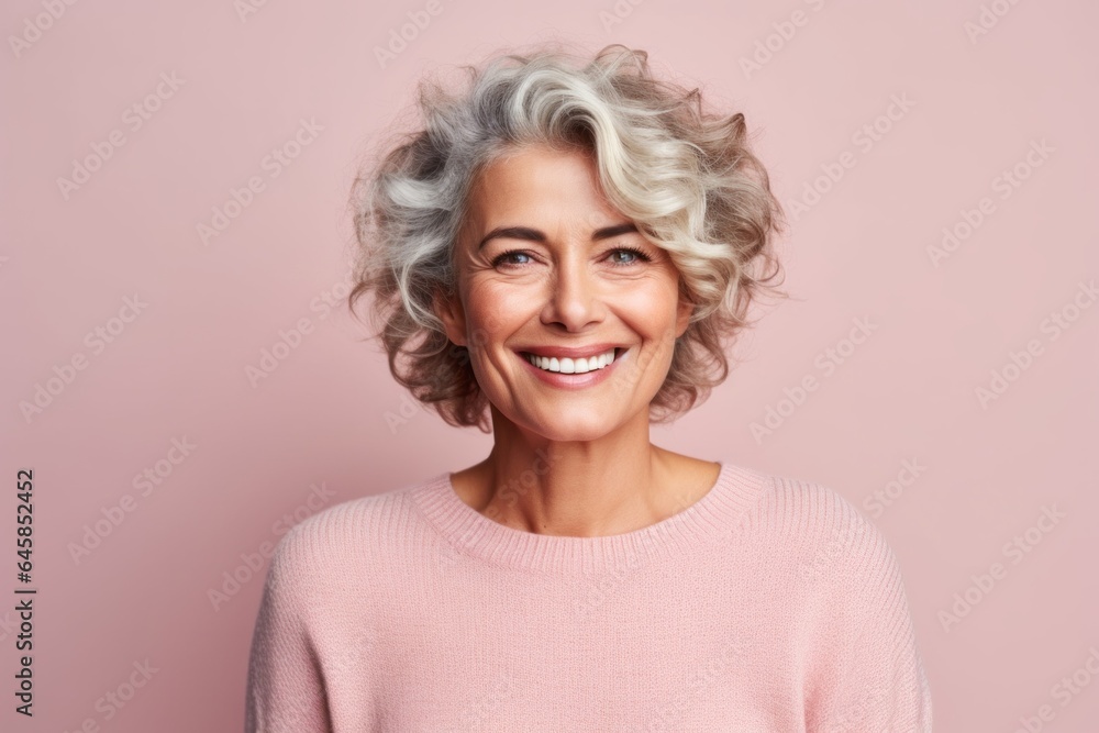 Medium shot portrait photography of a French woman in her 40s wearing a cozy sweater against a pastel or soft colors background Medium shot portrait photography of a French woman in her 40s wearing a cozy sweater against a pastel or soft colors background