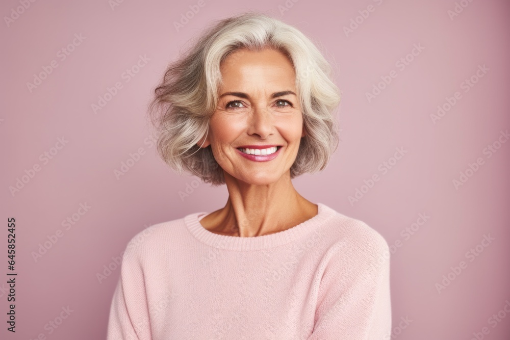 Group portrait photography of a French woman in her 50s wearing a cozy sweater against a pastel or soft colors background Group portrait photography of a French woman in her 50s wearing a cozy sweater against a pastel or soft colors background