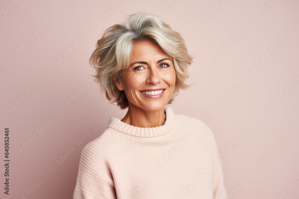 Group portrait photography of a French woman in her 50s wearing a cozy sweater against a pastel or soft colors background Group portrait photography of a French woman in her 50s wearing a cozy sweater against a pastel or soft colors background