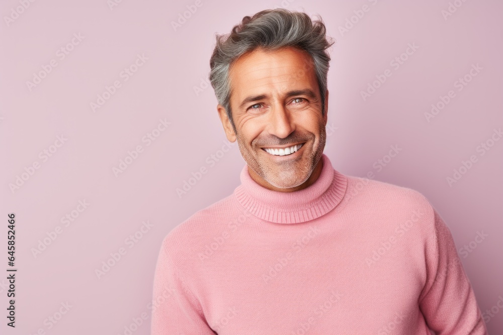 Portrait photography of a French man in his 40s wearing a cozy sweater against a pastel or soft colors background Portrait photography of a French man in his 40s wearing a cozy sweater against a pastel or soft colors background