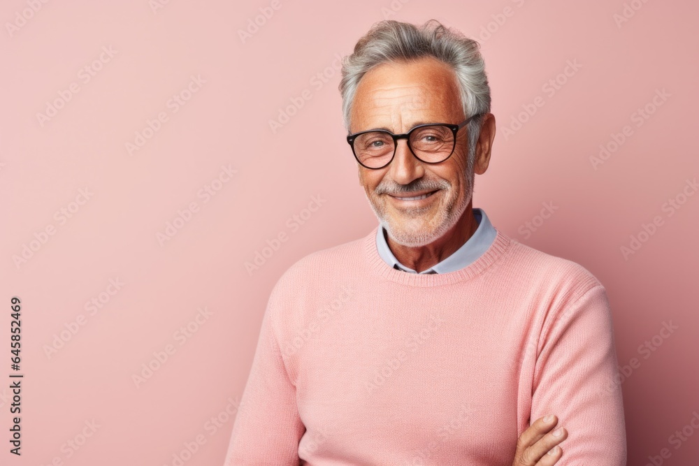 Portrait photography of a French man in his 80s against a pastel or soft colors background Portrait photography of a French man in his 80s against a pastel or soft colors background