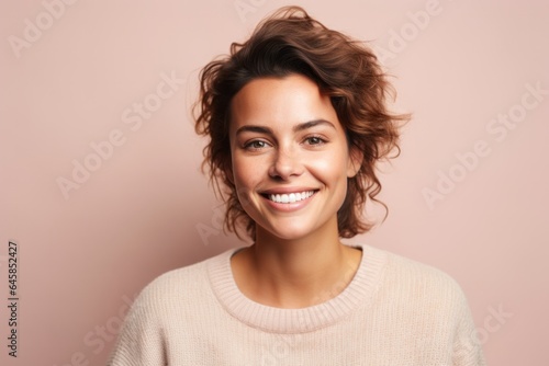 Portrait photography of a French woman in her 30s wearing a cozy sweater against a pastel or soft colors background
