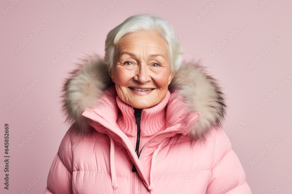 Portrait photography of a Swedish woman in her 90s wearing a warm parka against a pastel or soft colors background Portrait photography of a Swedish woman in her 90s wearing a warm parka against a pastel or soft colors background
