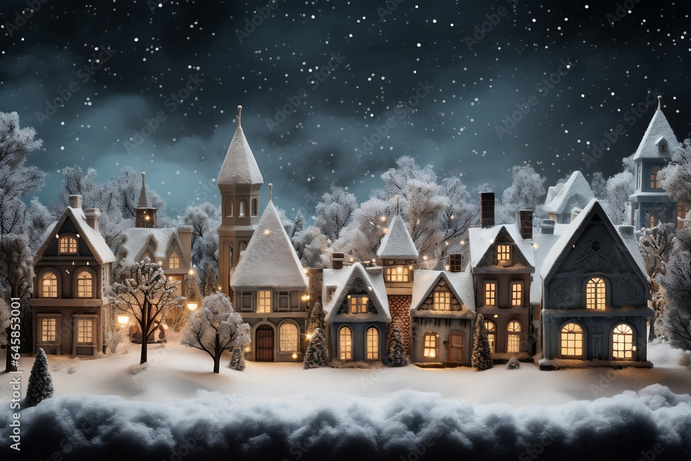 Fototapeta premium Winter Wonderland, Captivating vintage-style Christmas village nestled in a majestic snowy landscape