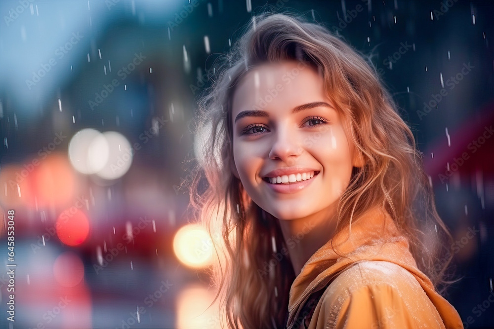 A woman joyfully embracing the rain during autumn or winter