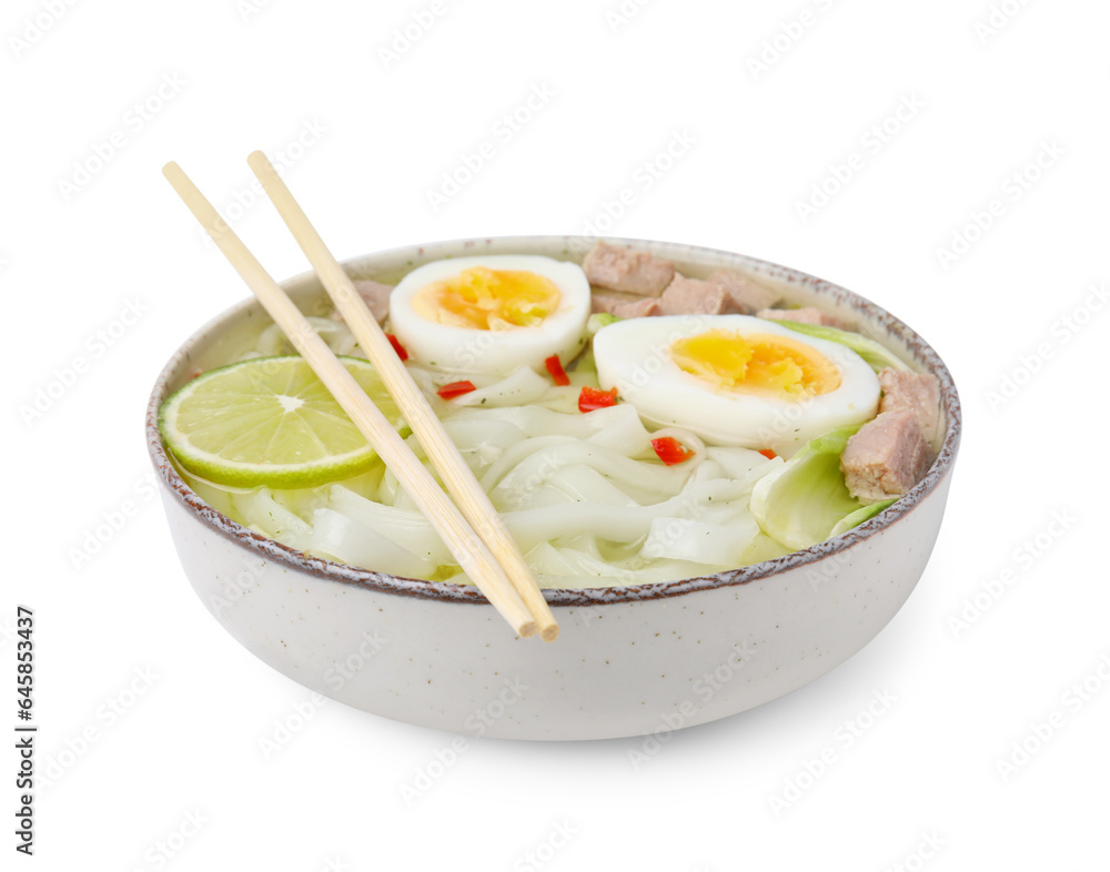 Bowl of delicious rice noodle soup with meat and egg isolated on white Bowl of delicious rice noodle soup with meat and egg isolated on white