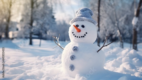 Winter snow symbol of Christmas in the yard. Children's New Year's idyll and fun for the whole family. A snowman made of white soft snow. Landscape illustration.  © Creative Photo Focus