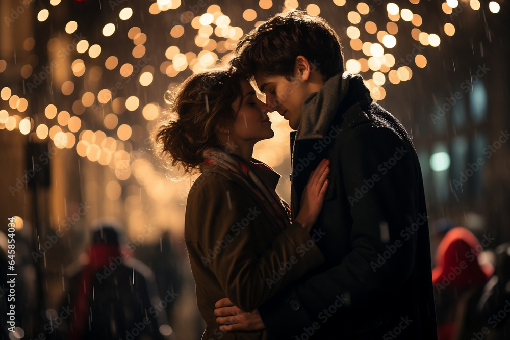 Romantic couple embracing under vibrant New Year's Eve lights - love and celebration, valentine's day