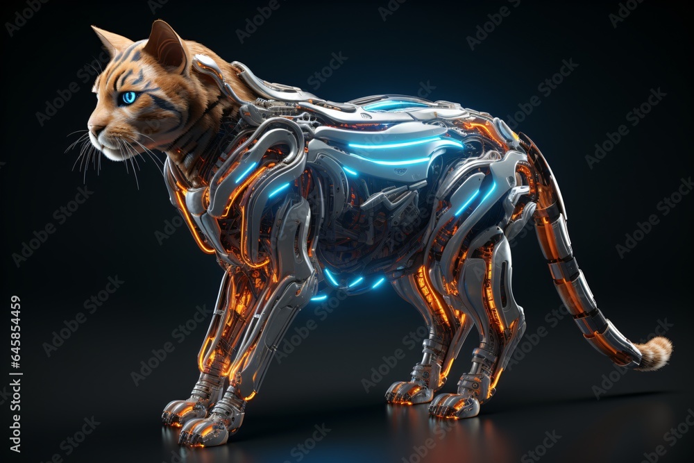 Robotic Cat with neon energy and glow