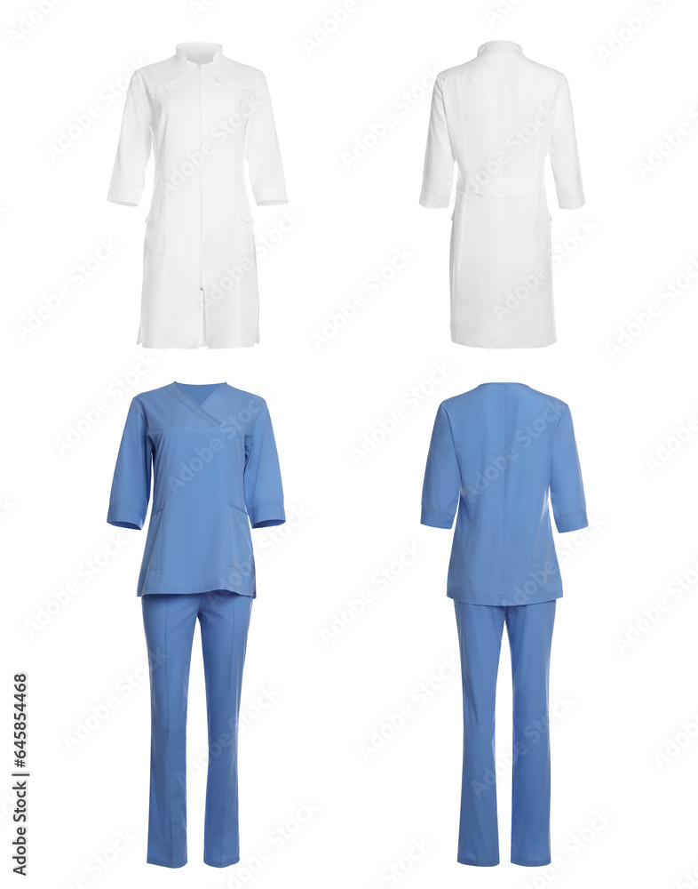 Blue medical uniform and coat isolated on white, collage with back and front views Blue medical uniform and coat isolated on white, collage with back and front views