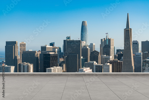 Skyscrapers Cityscape Downtown, San Francisco Skyline Buildings. Beautiful Real Estate. Day time. Empty rooftop View. Success concept.