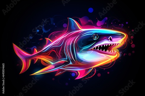 A graphic neon tattoo of a shark on a black background