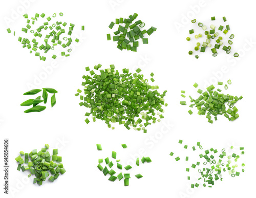 Fotografie Collage of chopped green onion on white background