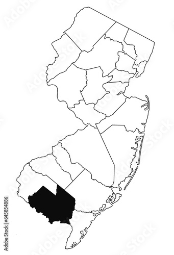 Map of Cumberland County in new jersey state on white background. single County map highlighted by black colour on new jersey map . photo