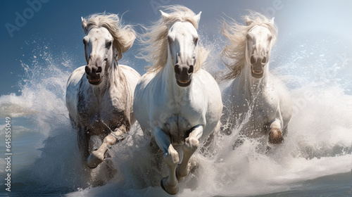 White horses galloping in the water along the seashore.Generative AI.