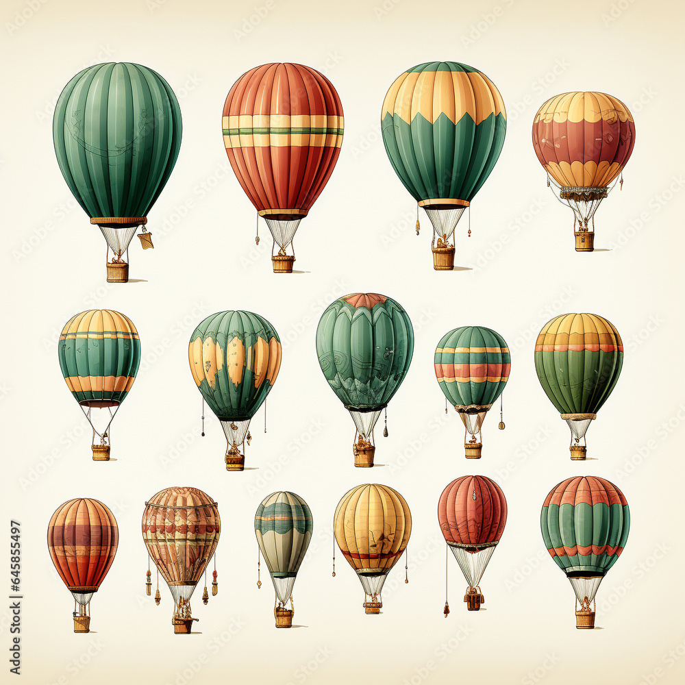 Obraz premium A professional digital art illustration hand painted style of hot air balloons clipart collection on white background. 
