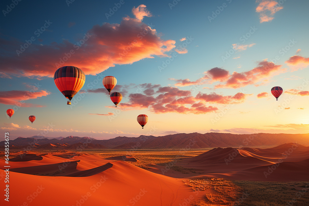 Hot air balloons in the desert at sunset background. 