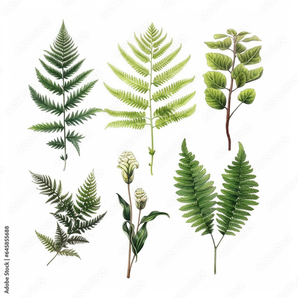 Types of ferns on white background. 