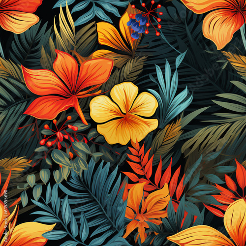 Seamless pattern with tropical leaves vibrant color vector graphic background. 