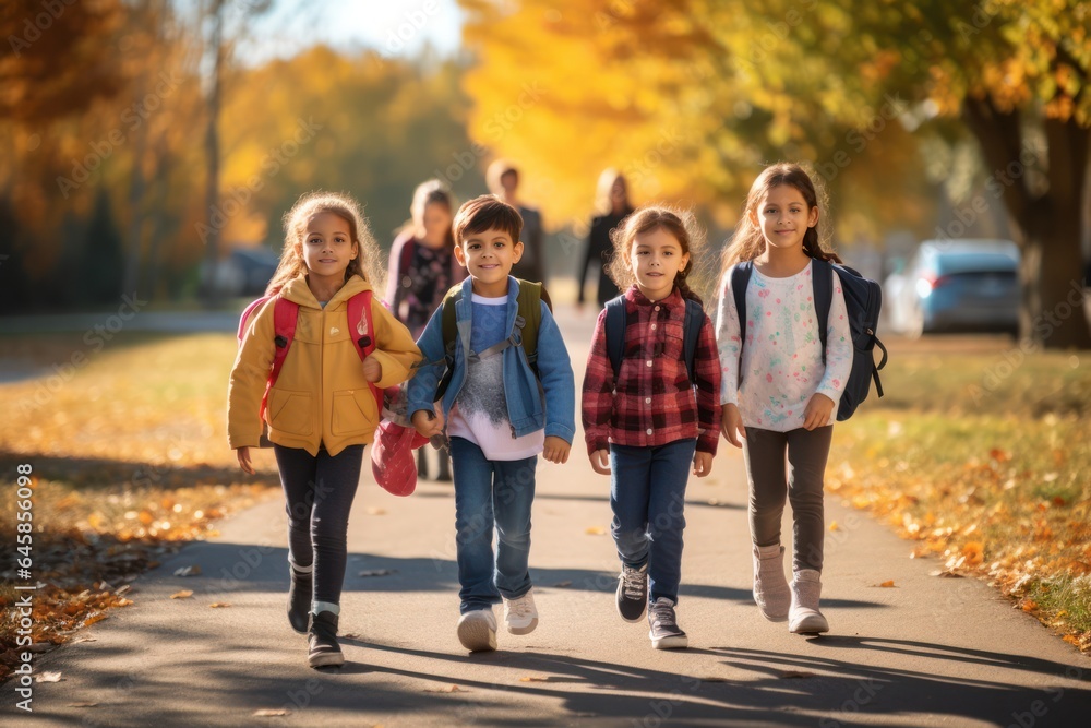Obraz premium Group of Young Students, First Graders, Walking Together to School with Backpacks