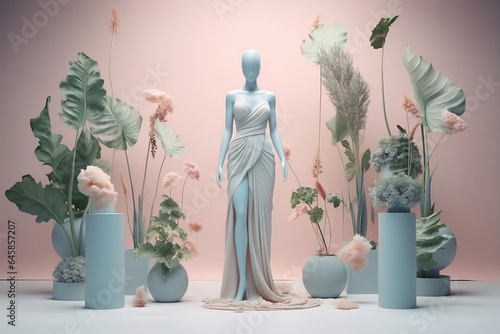 Statue of model mannequin Isometric pastel 3D fashion models and haute couture surrounded by lush greenery, wearing botanical-inspired couture, rendering for high quality realistic visuals 3D fashion.