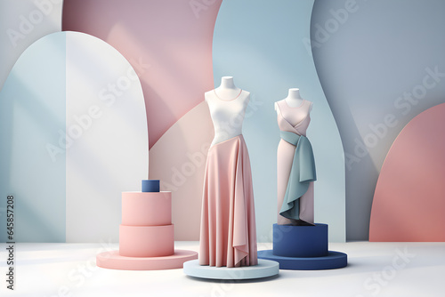 Statue of model mannequin Isometric pastel 3D fashion models and haute couture surrounded by  geometric shape, rendering for high quality realistic visuals 3D fashion, Fashionable dress,  stage showca