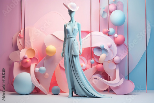 Statue of model mannequin Isometric pastel 3D fashion models and haute couture surrounded by  geometric shape, rendering for high quality realistic visuals 3D fashion, Fashionable dress,  stage showca