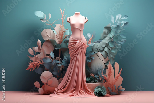 Statue of model mannequin Isometric pastel 3D fashion models and haute couture surrounded by lush greenery, wearing botanical-inspired couture, rendering for high quality realistic visuals 3D fashion. photo