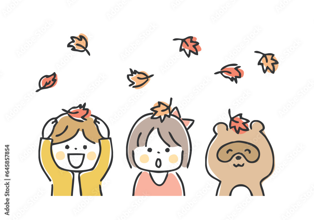Obraz premium 紅葉と子供とたぬきのイラスト