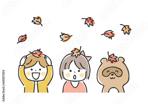 紅葉と子供とたぬきのイラスト