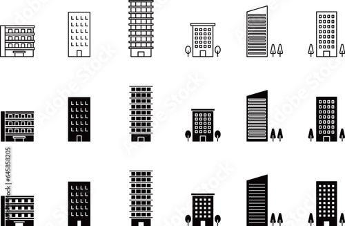 マンションやビルのモノクロアイコンセット