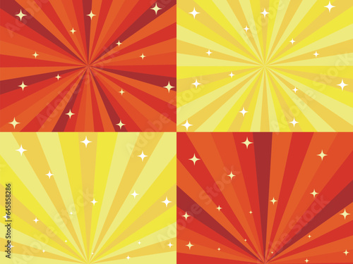 輝く赤と黄色の多色サンバーストの背景素材セット