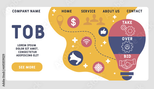 TOB - Take Over Bid acronym. business concept background.  vector illustration concept with keywords and icons. lettering illustration with icons for web banner, flyer, landing