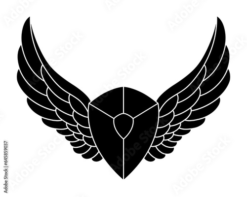 shield silhouette with angel wings white background