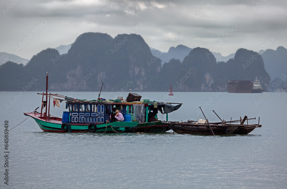  The house of a Vietnamese family on the water in Halong Bay (Vietnam)