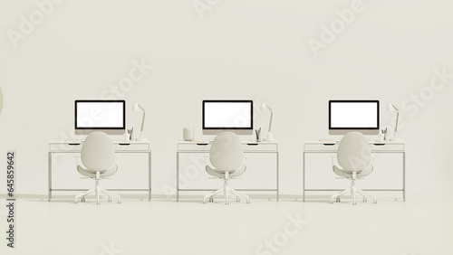 White and beige monochrome minimal office table desk. Minimal idea concept for study desk and workspace, frame photo. Mockup template, 3d rendering	