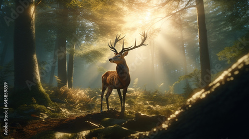 ultra-realistic close shot of a dear in the forest - misty morning © sumudu
