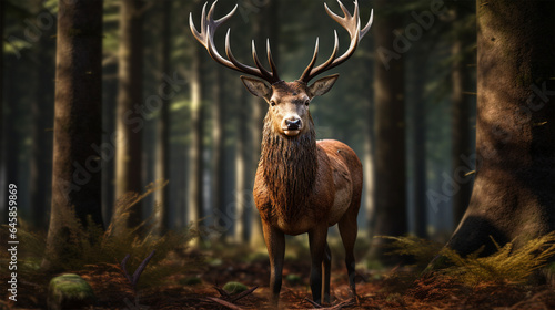 ultra-realistic close shot of a dear in the forest - misty morning