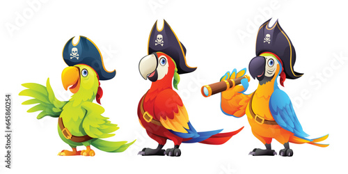 Set of cute pirate birds cartoon illustration isolated on white background