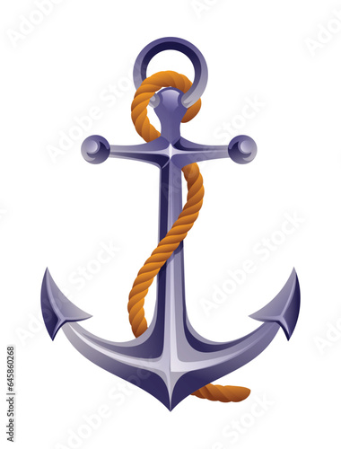 Nautical anchor with rope vector cartoon illustration. Vintage ship anchor isolated on white