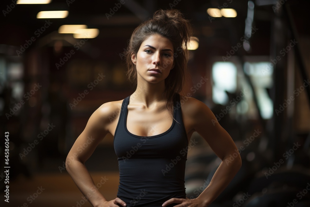 A young woman standing in a gym looking determined and focused.