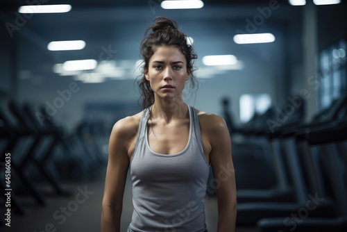 A focused young woman standing in a gym