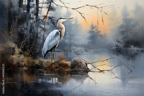 Heron Serenity in The Style of Meander. Creted with Generative AI Technology photo