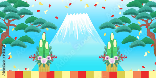 新年 バナー ベクター  ( 背景イラスト,ポスター,フレーム,和風,富士山,松,門松,1:2,コピースペース)