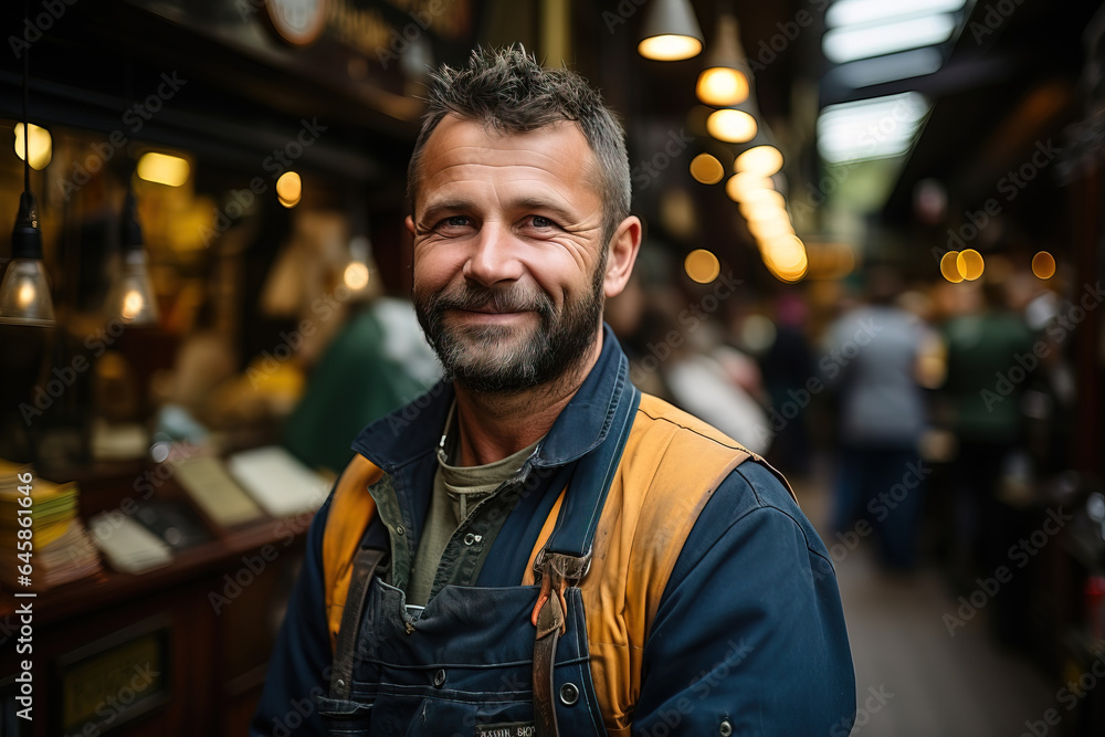 Portrait of a Caucasian worker between 40 and 50 years old, working in a library Portrait of a Caucasian worker between 40 and 50 years old, working in a library