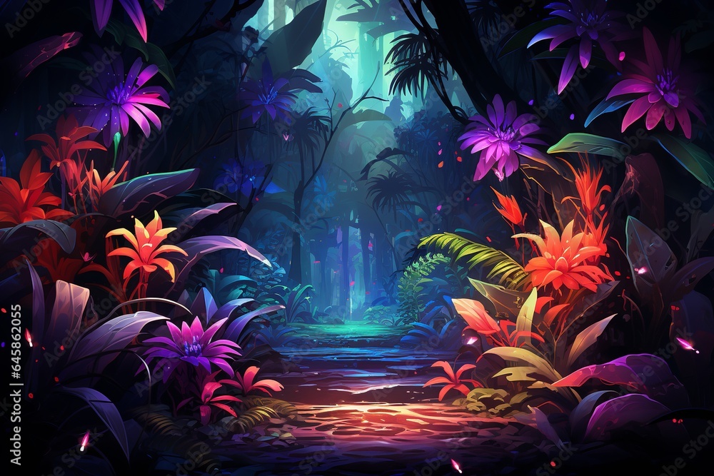 Neon Rainforest Rhythms in The Jungle in The Style of Low Poly Art. Creted with Generative AI Technology - obrazy, fototapety, plakaty 