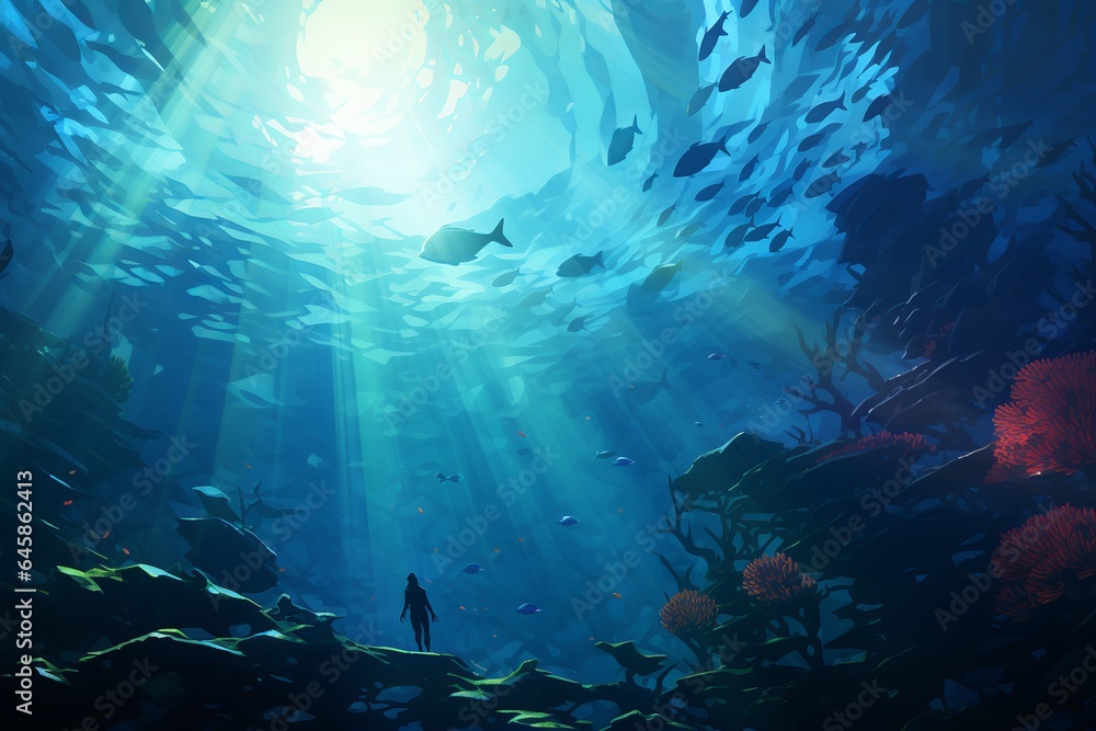 Fototapeta premium Underwater Euphoria in The Style of Low Poly Art. Creted with Generative AI Technology